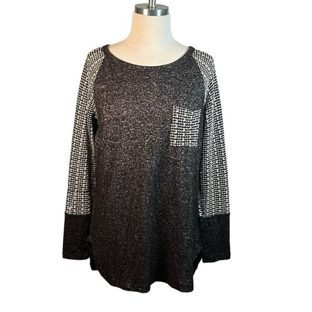 Staccato Womens Black White Mixed Knit Raglan Sleeve Pocket Tunic Sweater Large